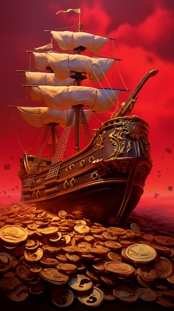 Pirate ship on the ocean with lots of gold coins generative ai