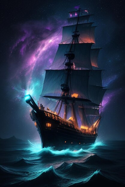 Pirate ship sailing into a bioluminescence sea with a galaxy in the sky