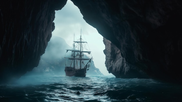 pirate ship sailing into a mystical sea cave seeking shelter from a storm