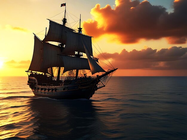 Pirate ship sailing on the open sea Generative AI