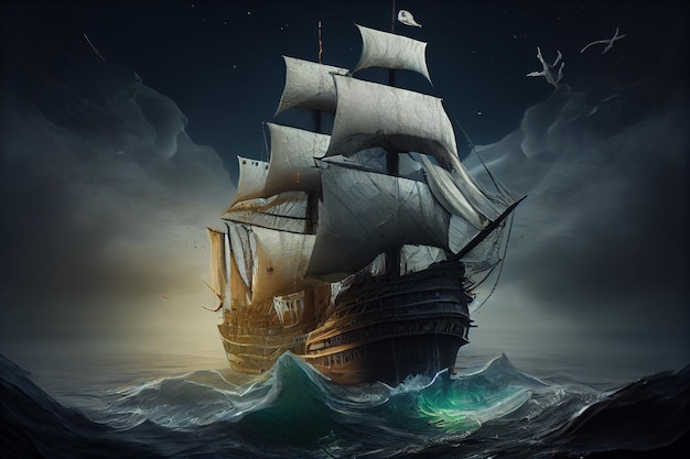 Pirate ship sails on the waves AI generated