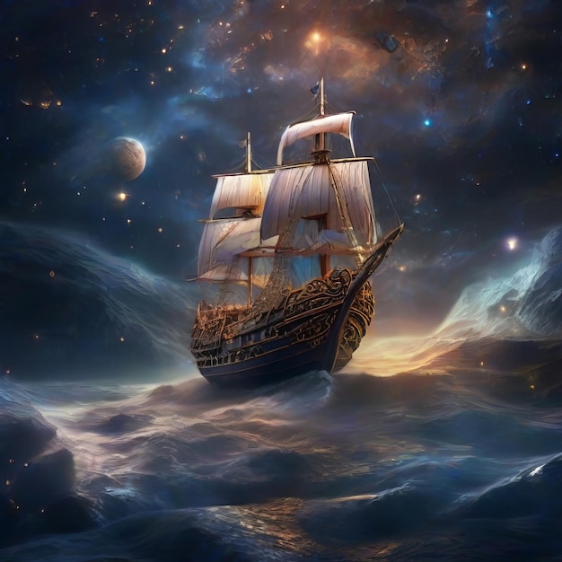 Pirate ship in the sky with stars and clouds generative ai