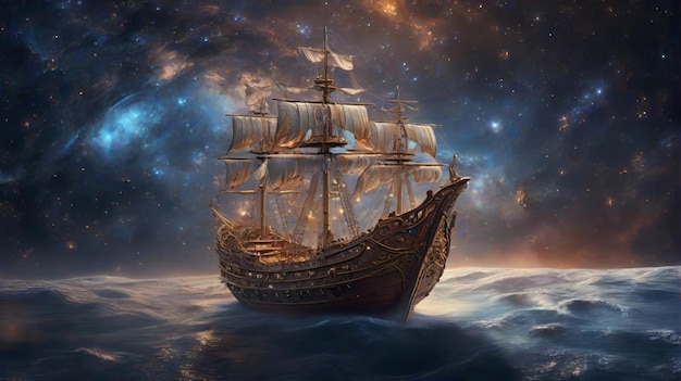 Pirate ship in the sky with stars and clouds generative ai