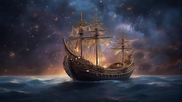 Pirate ship in the sky with stars and clouds generative ai