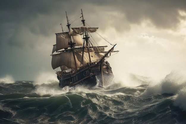 Pirate ship on stormy sea waves crashing against the hull created with generative ai