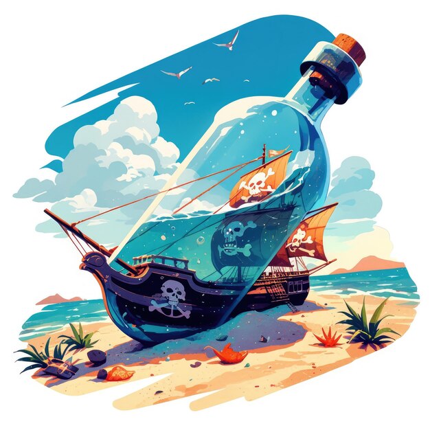 Photo a pirate ship trapped inside a glass bottle on a beach