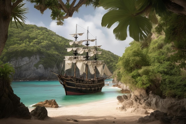 Pirate ship on tropical beach Generate Ai