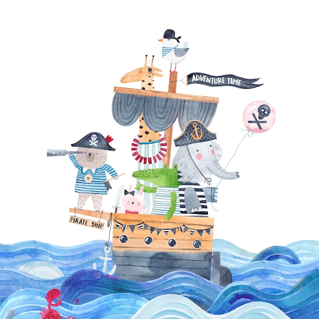 Pirate ship on the waves Watercolor poster Illustration of a pirate ship with cute animal traveler