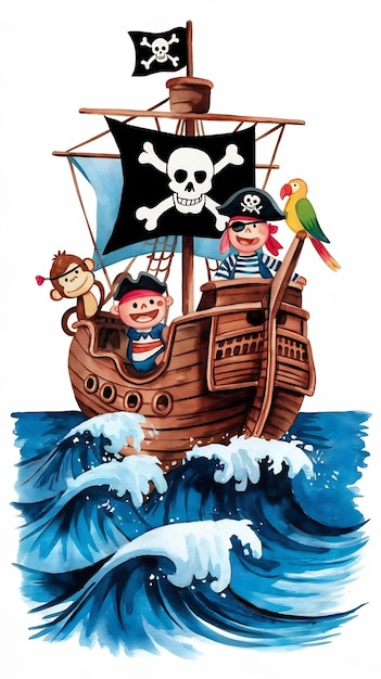 Photo pirate ship on the waves watercolor poster illustration of a pirate ship with cute animal travelers