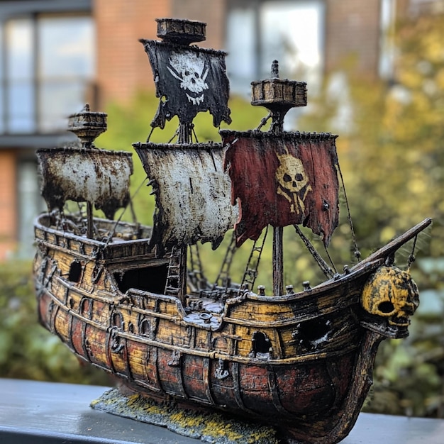 Photo pirate ship with a battleworn hull scars from countless battles