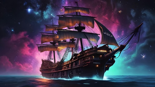 Photo pirate ship with neon high tech thrusters adrift in deep space background stars shooting star swi