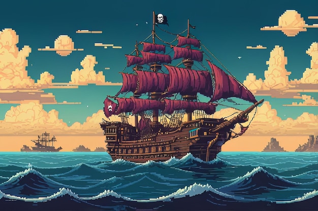 a pirate ship with a pirate ship in the background