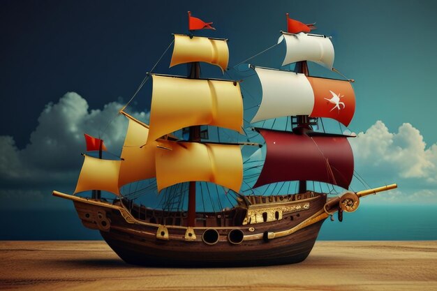 Photo a pirate ship with a red sail and the words  the word  on the bottom