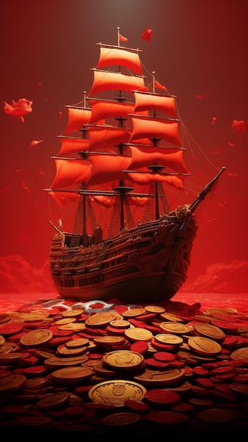 Pirate ship with red sails and red sails on a red background generative ai