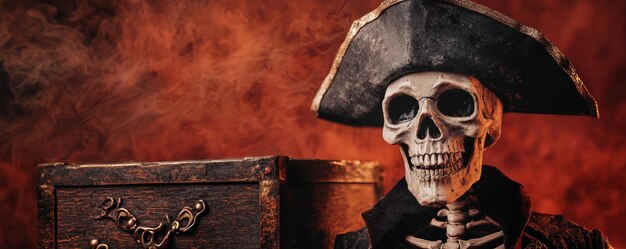 Photo pirate skeleton captain guarding haunted treasure eerie atmosphere watercolor style