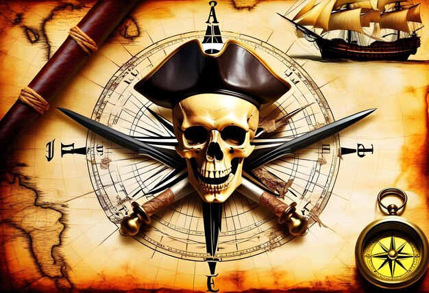 Photo pirate skull and saber and an old compass ancient map background on the theme of history pirates