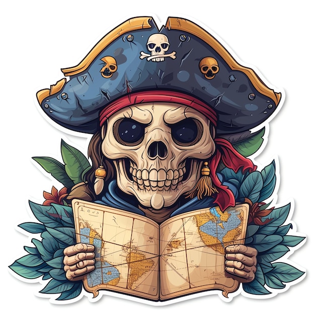 Pirate skull sticker with treasure map in hand