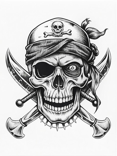 Photo pirate skull with bandana eyepatch and crossed swords intense stare and gritty worn feature