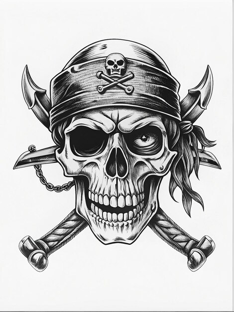 Photo pirate skull with bandana eyepatch and crossed swords intense stare and gritty worn feature