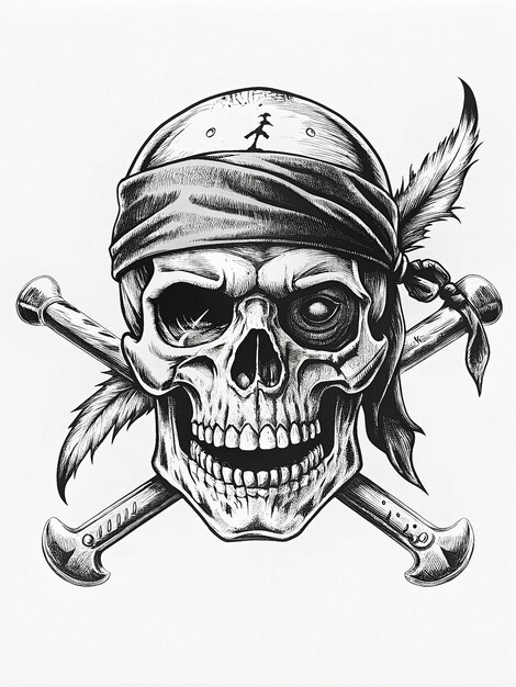 Photo pirate skull with bandana eyepatch and crossed swords intense stare and gritty worn feature