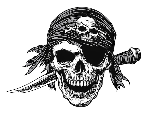 Pirate skull with an eye patch and bandana holding a knife