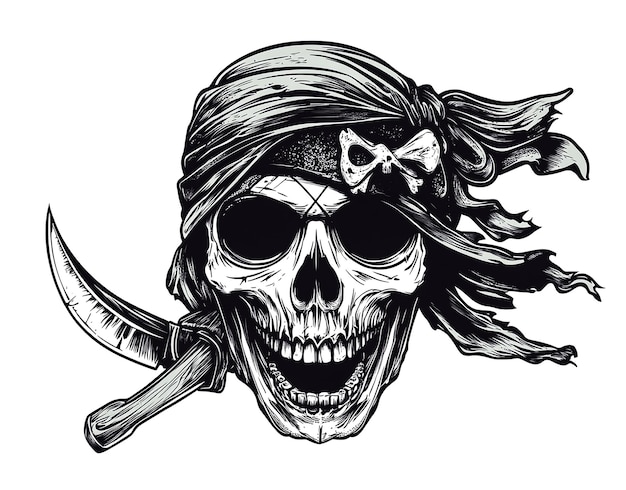 Photo pirate skull with an eye patch and bandana holding a knife