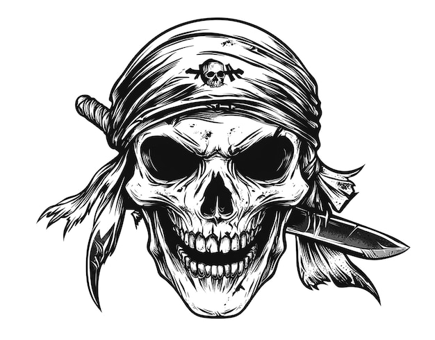 Pirate skull with an eye patch and bandana holding a knife