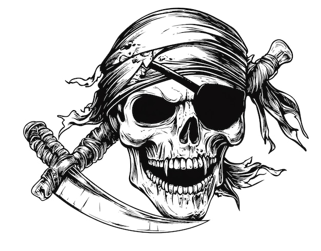 Photo pirate skull with an eye patch and bandana holding a knife