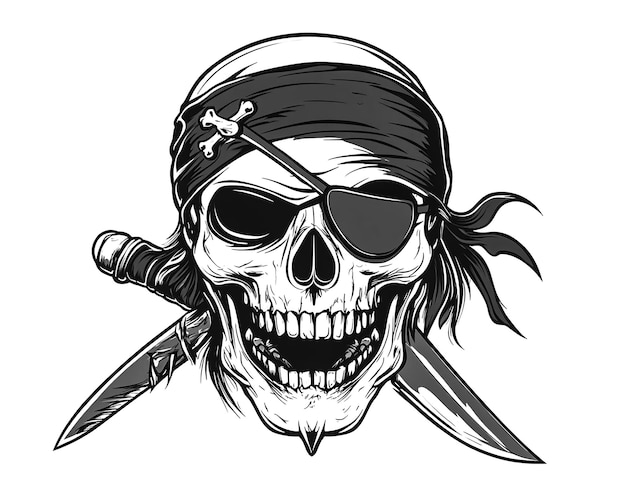 Pirate skull with an eye patch and bandana holding a knife