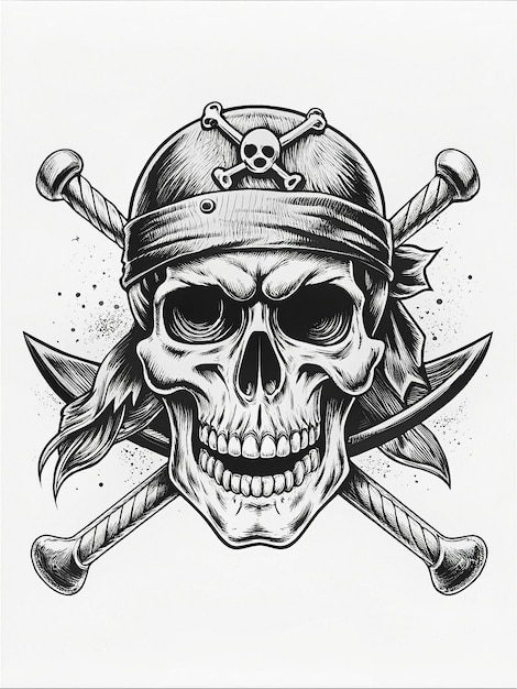 Pirate Skull with eyepatch bandana and crossed swords fierce gaze and rugged weathered look