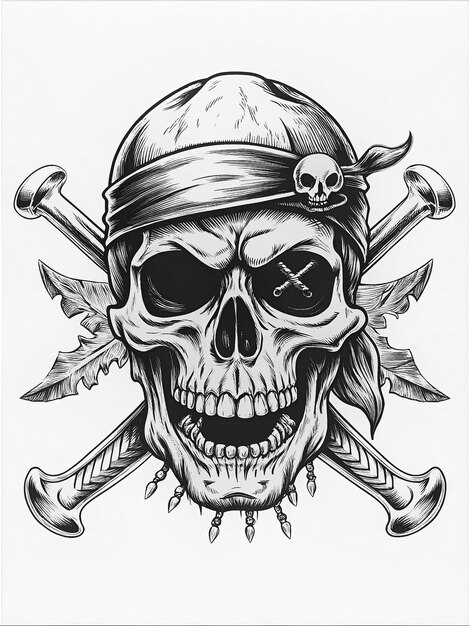 Pirate Skull with eyepatch bandana and swords fierce eyes and rugged timeworn appearance