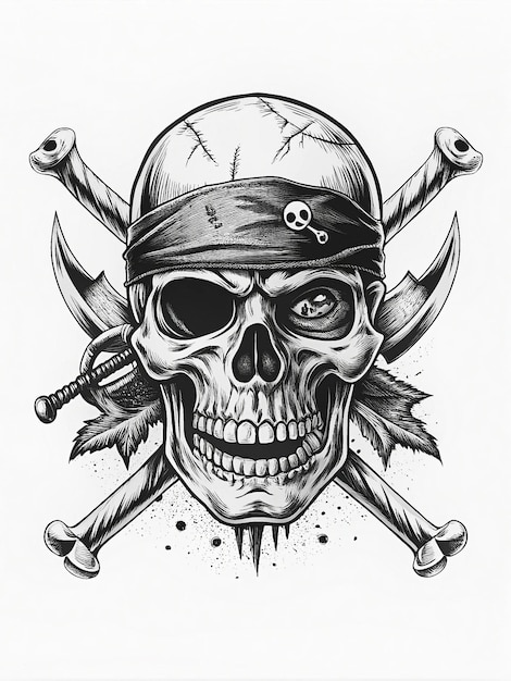 Photo pirate skull with eyepatch bandana and swords fierce eyes and rugged timeworn appearance