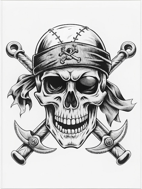 Photo pirate skull with eyepatch bandana and swords fierce eyes and rugged timeworn appearance