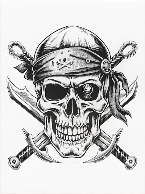 Pirate Skull with eyepatch bandana and swords fierce eyes and rugged timeworn appearance