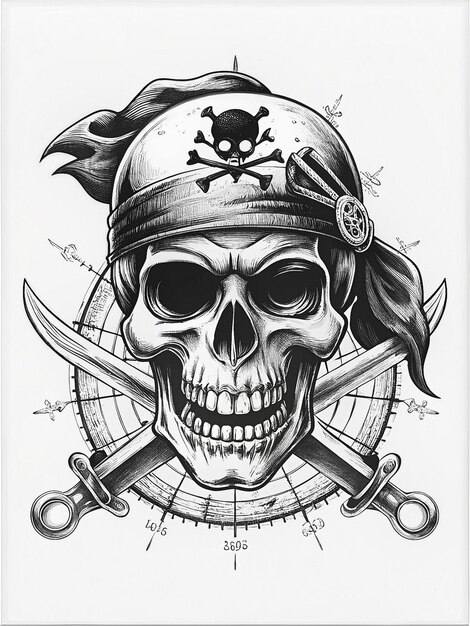 Photo pirate skull with eyepatch bandana and swords fierce eyes and rugged timeworn appearance