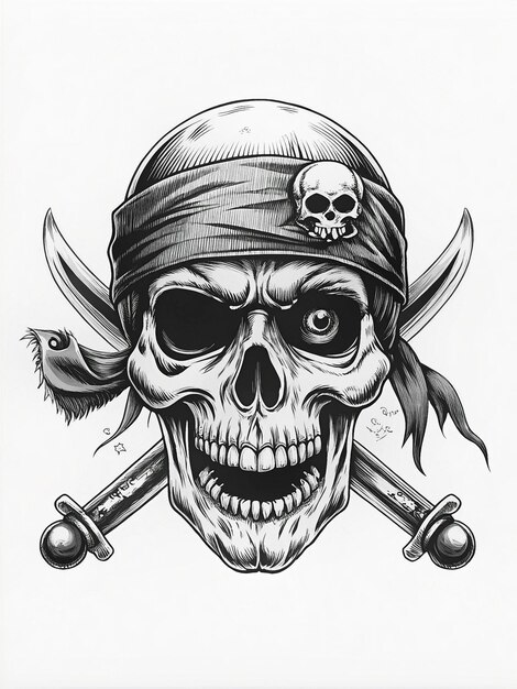 Photo pirate skull with eyepatch bandana and swords fierce eyes and rugged timeworn appearance