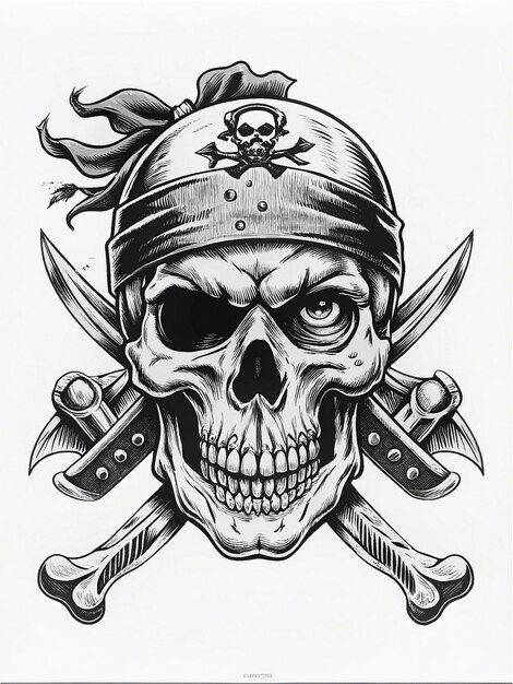 Photo pirate skull with eyepatch bandana and swords fierce eyes and rugged timeworn appearance