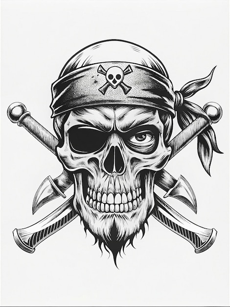 Photo pirate skull with eyepatch bandana and swords fierce eyes and rugged timeworn appearance