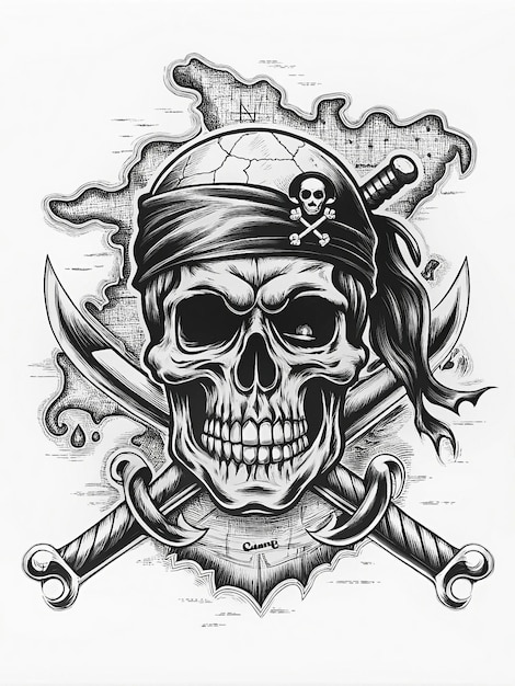 Photo pirate skull with eyepatch bandana and swords fierce eyes and rugged timeworn appearance