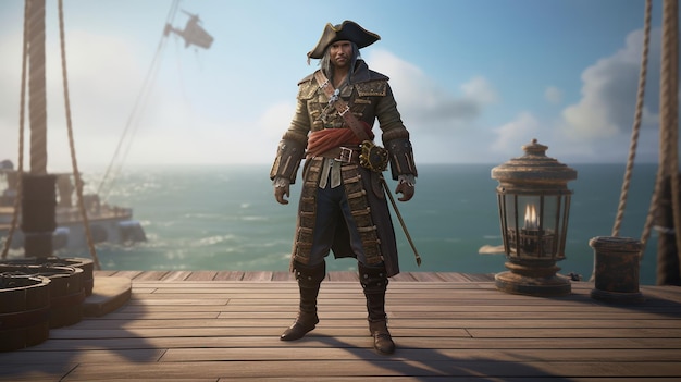 A pirate stands on a dock in a sea of water.