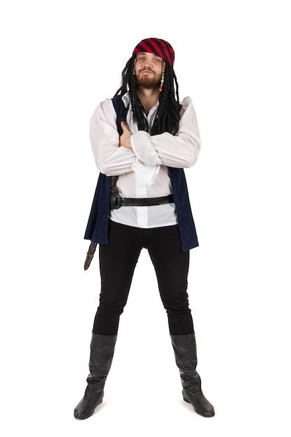 A pirate in a suit is standing. Male figure isolated on white background.