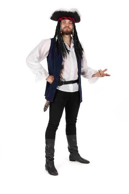 A pirate in a suit is standing. Male figure isolated on white background.