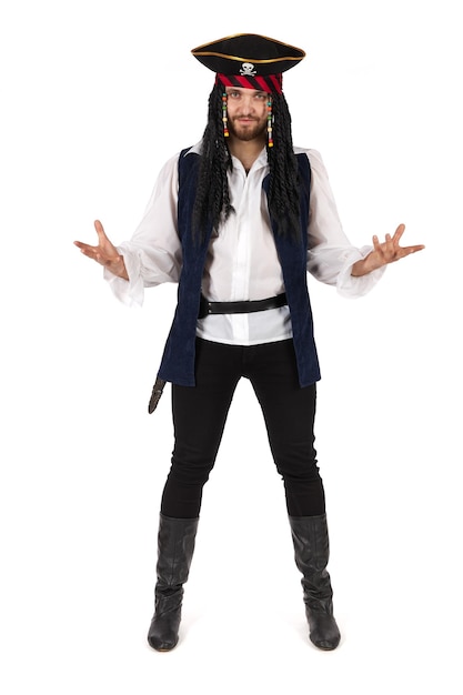 A pirate in a suit is standing. Male figure isolated on white background.