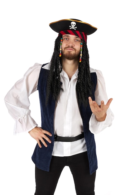 A pirate in a suit is standing. Male figure isolated on white background.