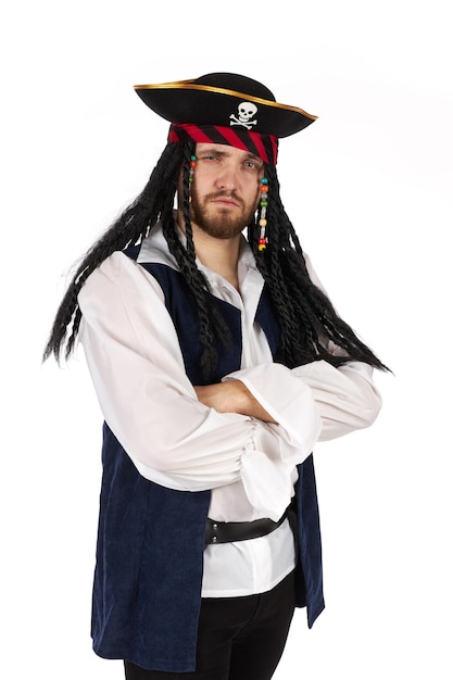 A pirate in a suit is standing. Male figure isolated on white background.