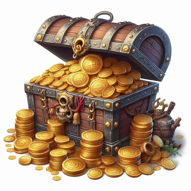 a pirate treasure chest with gold coins and a skull on top of it