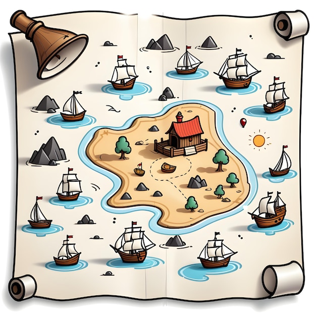 Pirate Treasure Map And Sailboat On The Map Vector Illustration