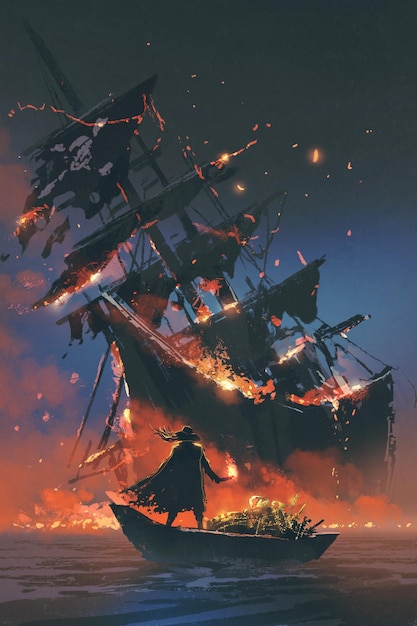 the pirate with burning torch standing on boat with treasure looking at sinking ship, digital art style, illustration painting