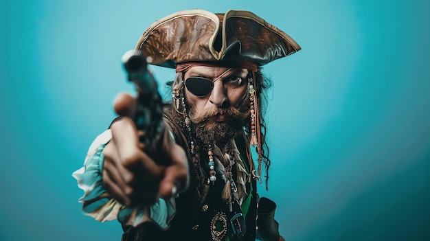 Photo a pirate with an eyepatch and a long beard holds a pistol looking directly at the camera