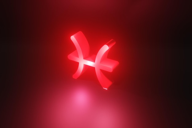 Pisces red neon zodiac symbol, red neon glow horoscope sign 3D render